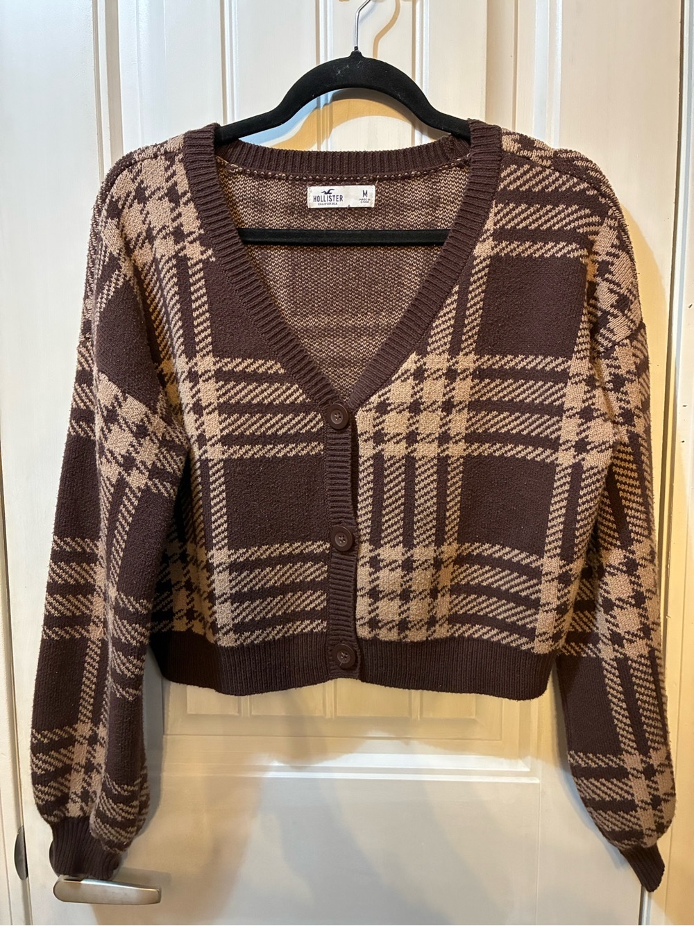 Hollister Brown and Tan Plaid V-Neck Cropped Cardigan